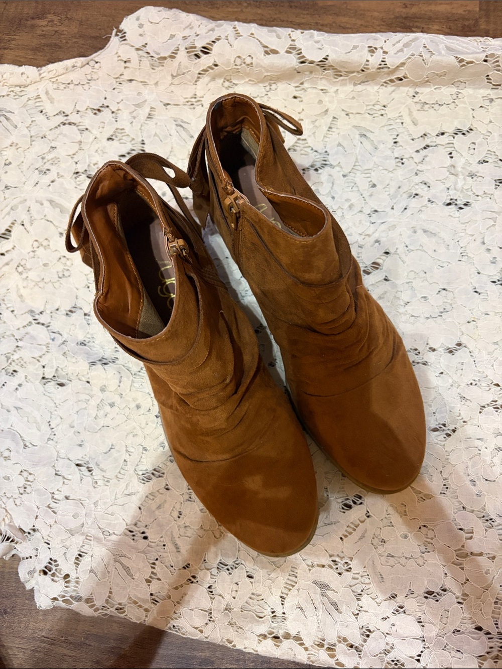 Sugar Cognac Suede Ankle Booties with Side Zip